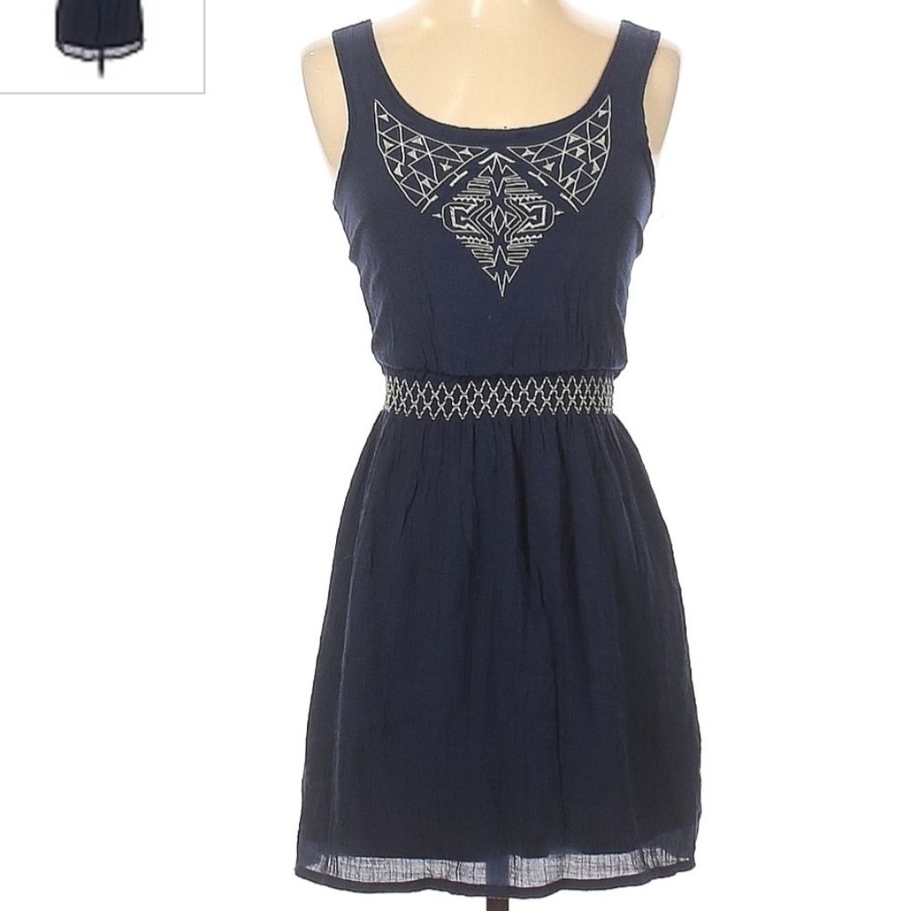 Wet Seal Navy Blue Embroidered Sleeveless Dress Women's XS Elastic Waist EUC